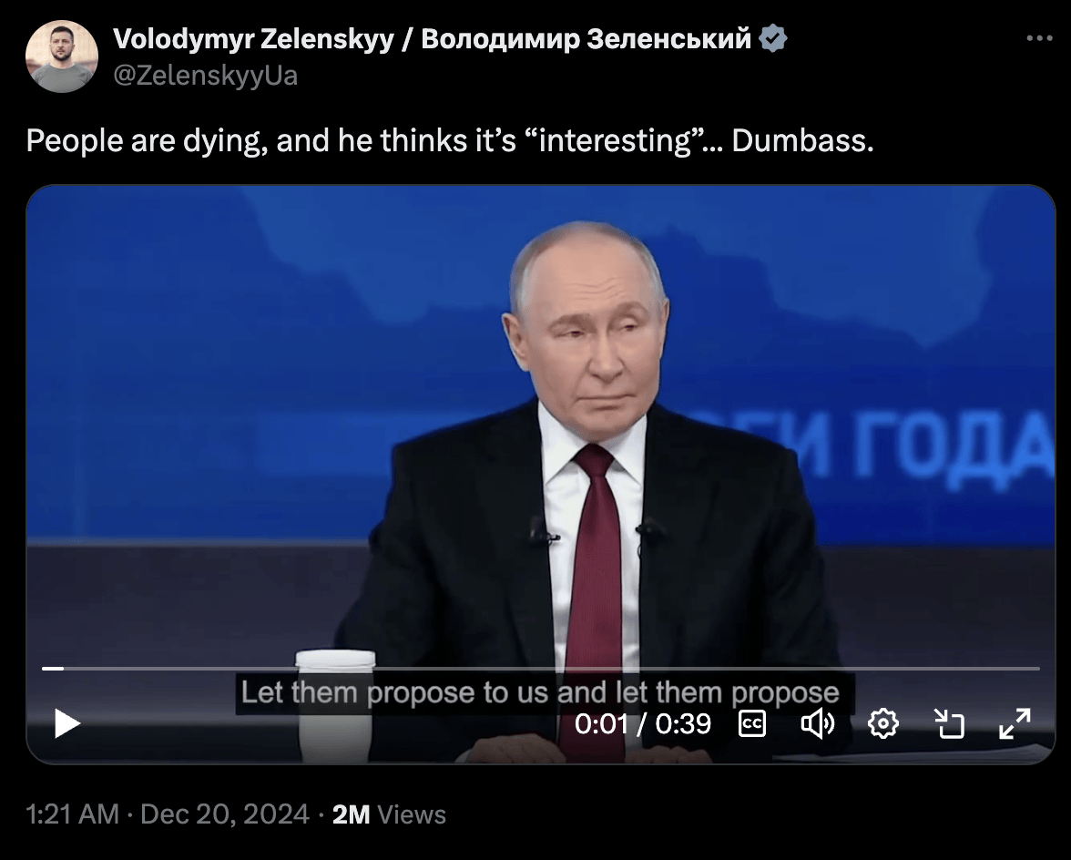 普京提出在基辅导弹对决 泽连斯基回怼