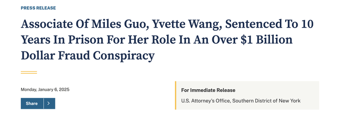 协助郭文贵诈骗超14亿美元<strong></p>
<p>虚拟币老板</strong>，王雁平主动认罪在美获刑10年