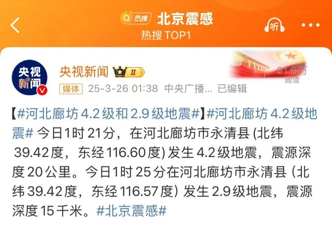 震醒了<strong></p>
<p>蜜蜂虚拟币</strong>!“北京震感”热搜第一!河北廊坊凌晨2次地震