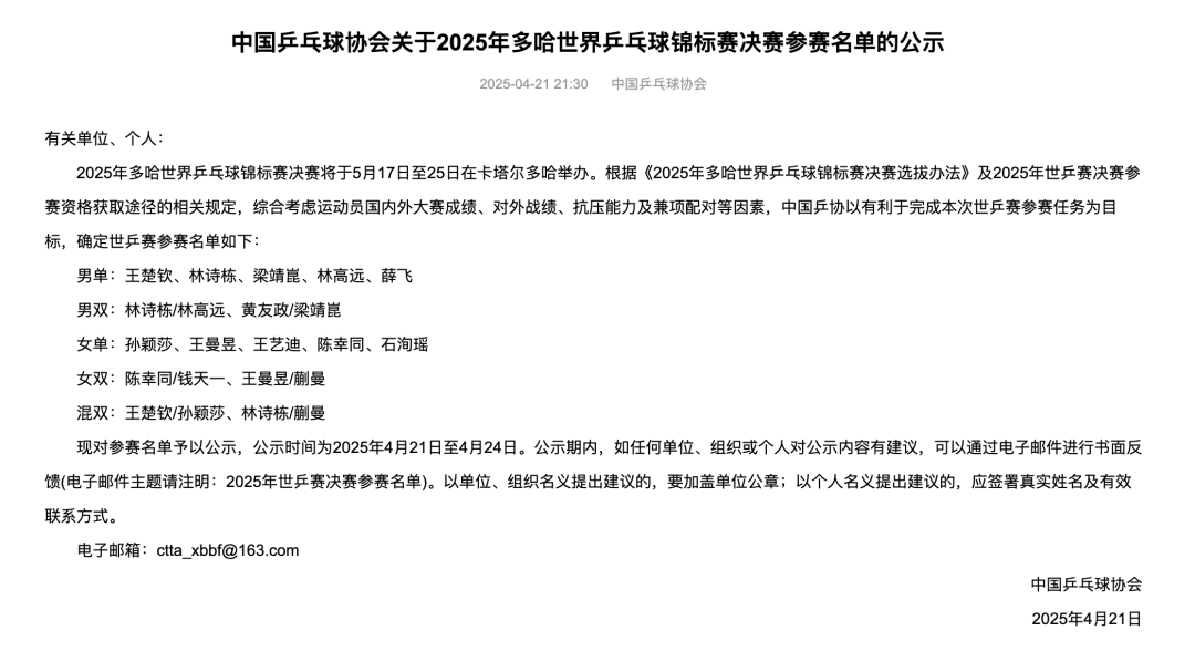 中国乒乓球队公示多哈世乒赛参赛名单