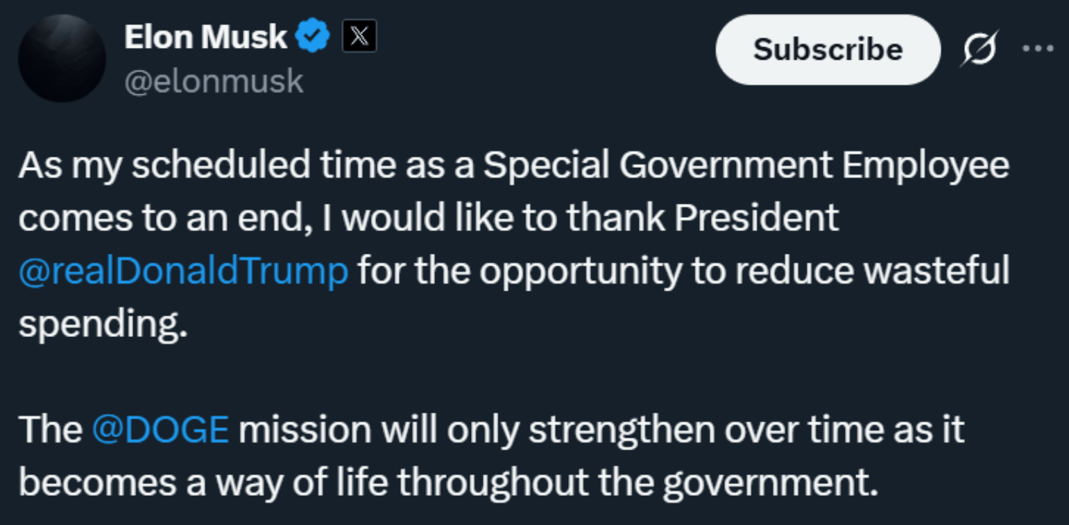 大闹一场 黯然离去 马斯克官宣即将离开特朗普政府