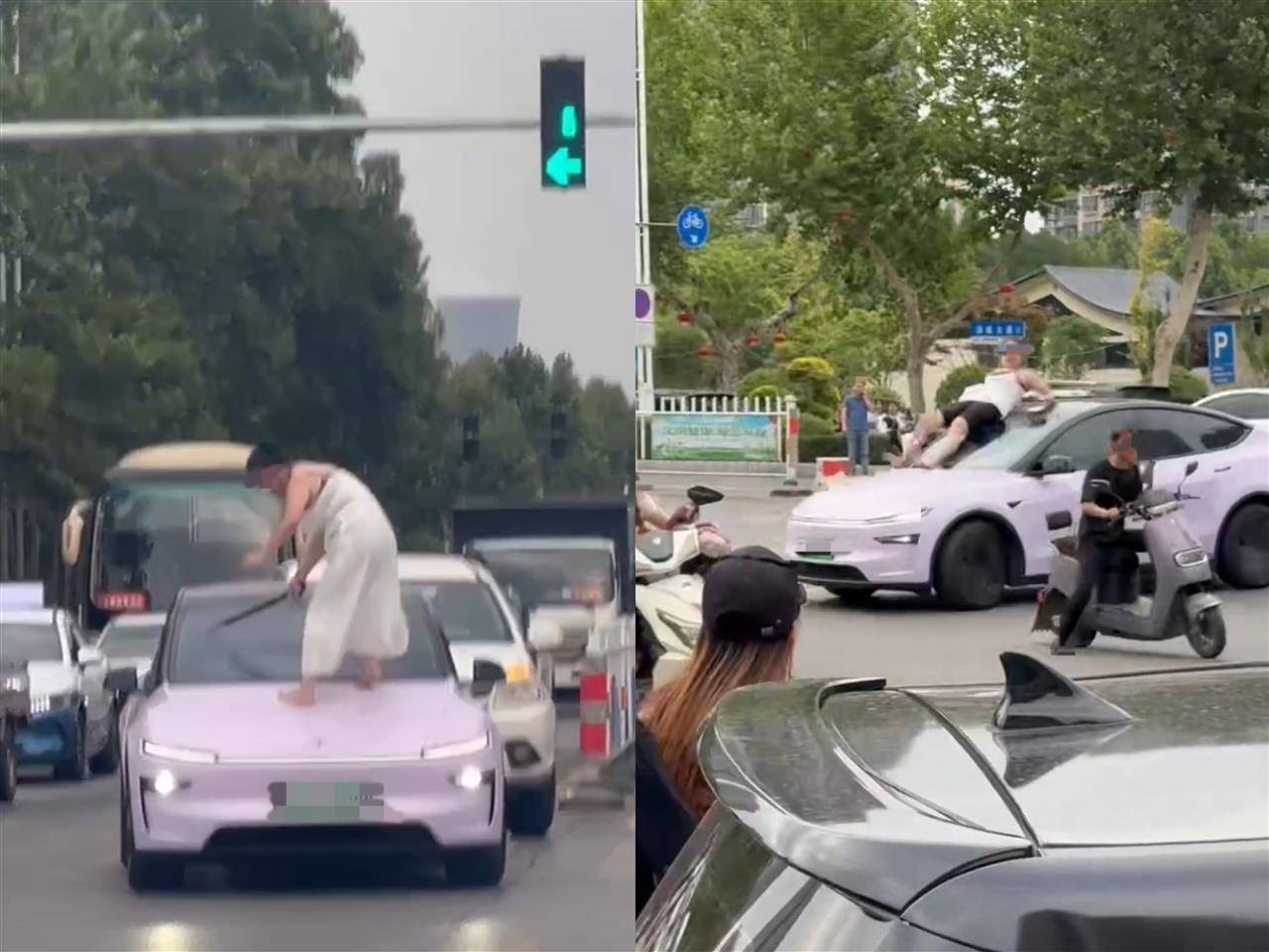 女子持械当街打砸多辆轿车，被顶在挡风玻璃上前行，当地：女子当场被控制，警方介入调查